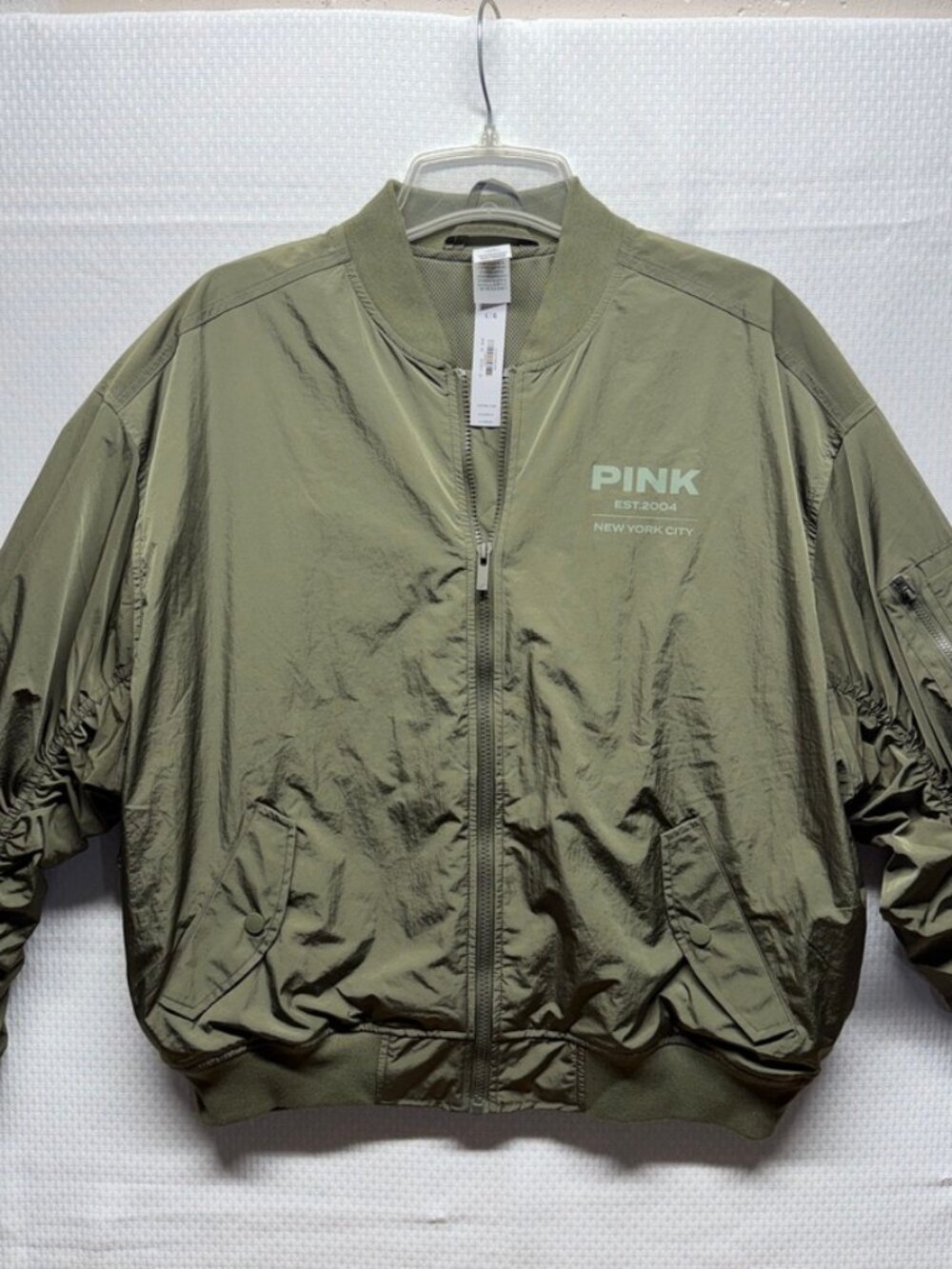 NWT VICTORIA'S SECRET PINK Olive Green Bomber Jacket Large Flight Military